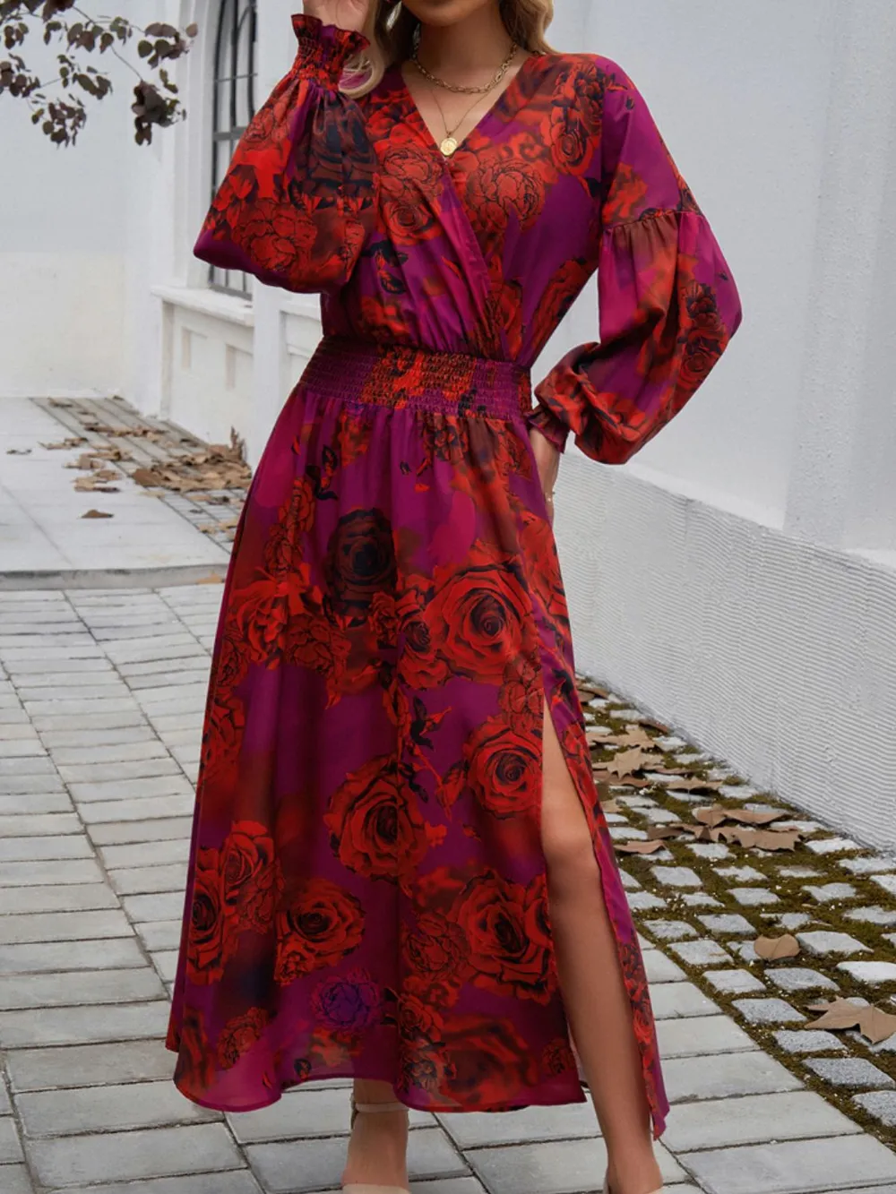 Split Printed Surplice Long Sleeve Midi Dress, image 7