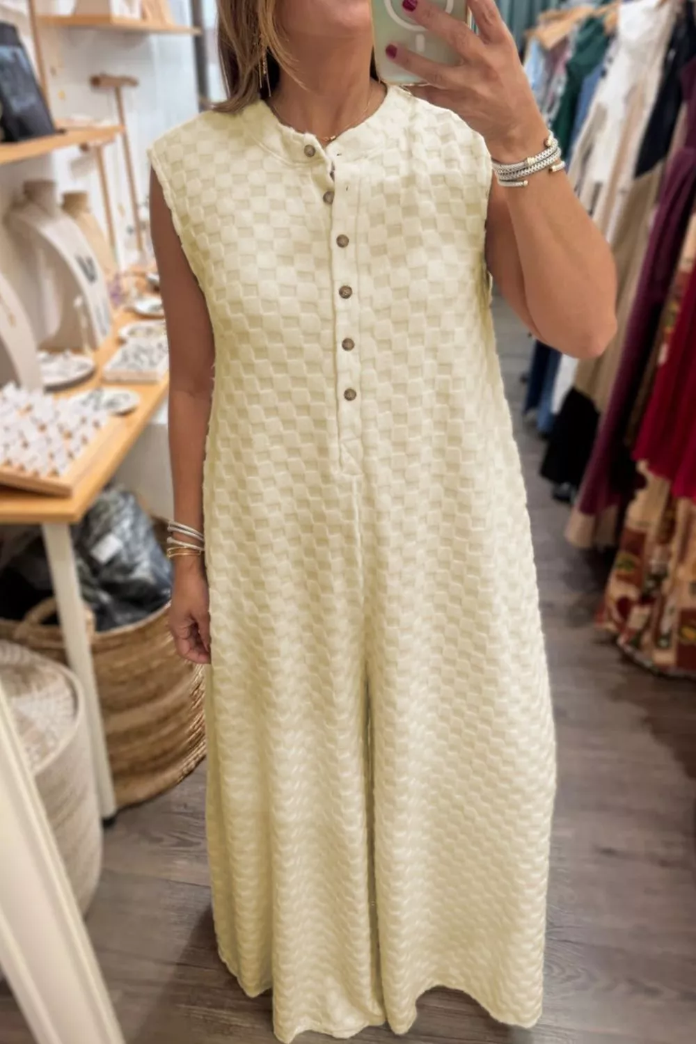 Half Buttons Sleeveless Wide Leg Textured Jumpsuit, image 2