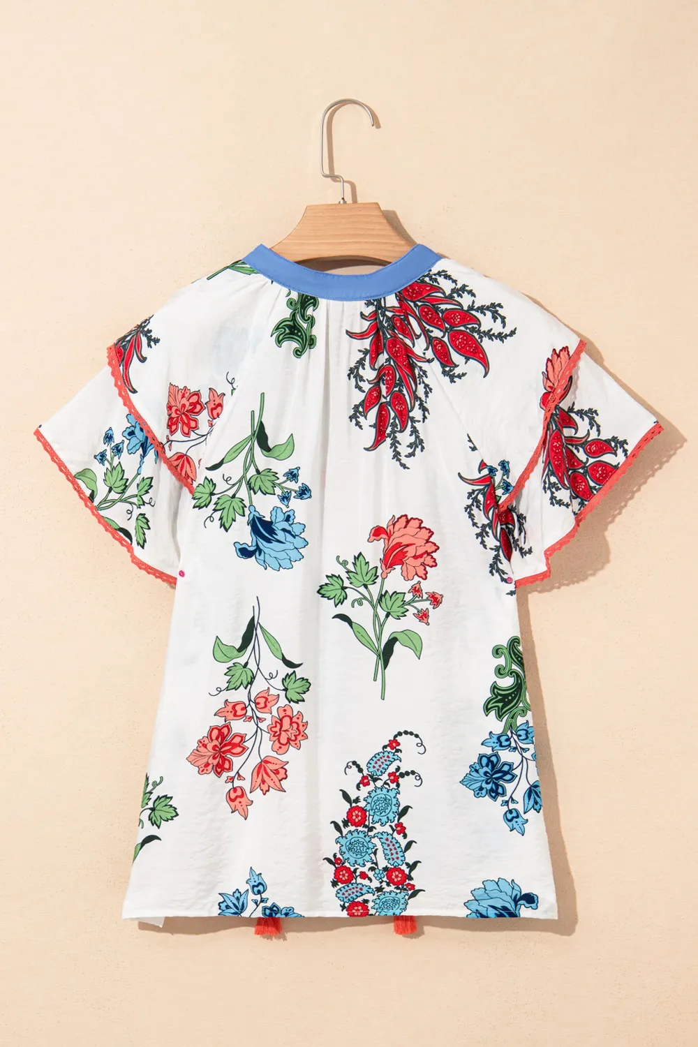 Floral Print Contrast Tassel Tie Short Sleeve Blouse, image 2