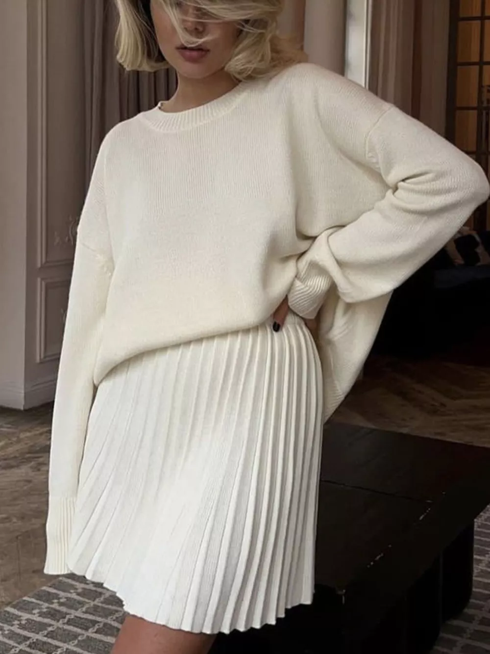Round Neck Top and Pleated Skirt Sweater Set, image 3