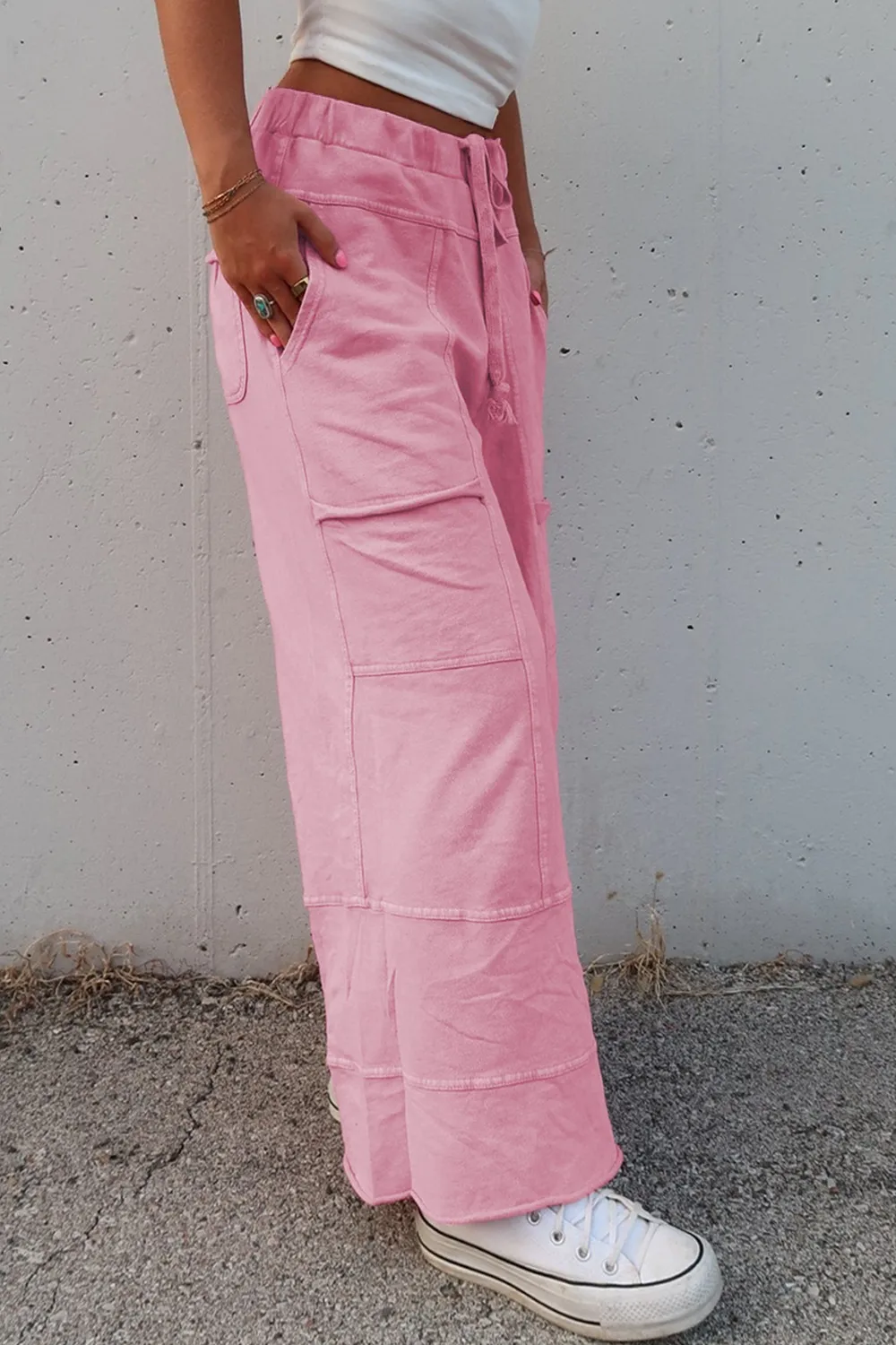 Mineral Wash Exposed Seam Drawstring High Waist Wide Leg Cargo Pants, image 4