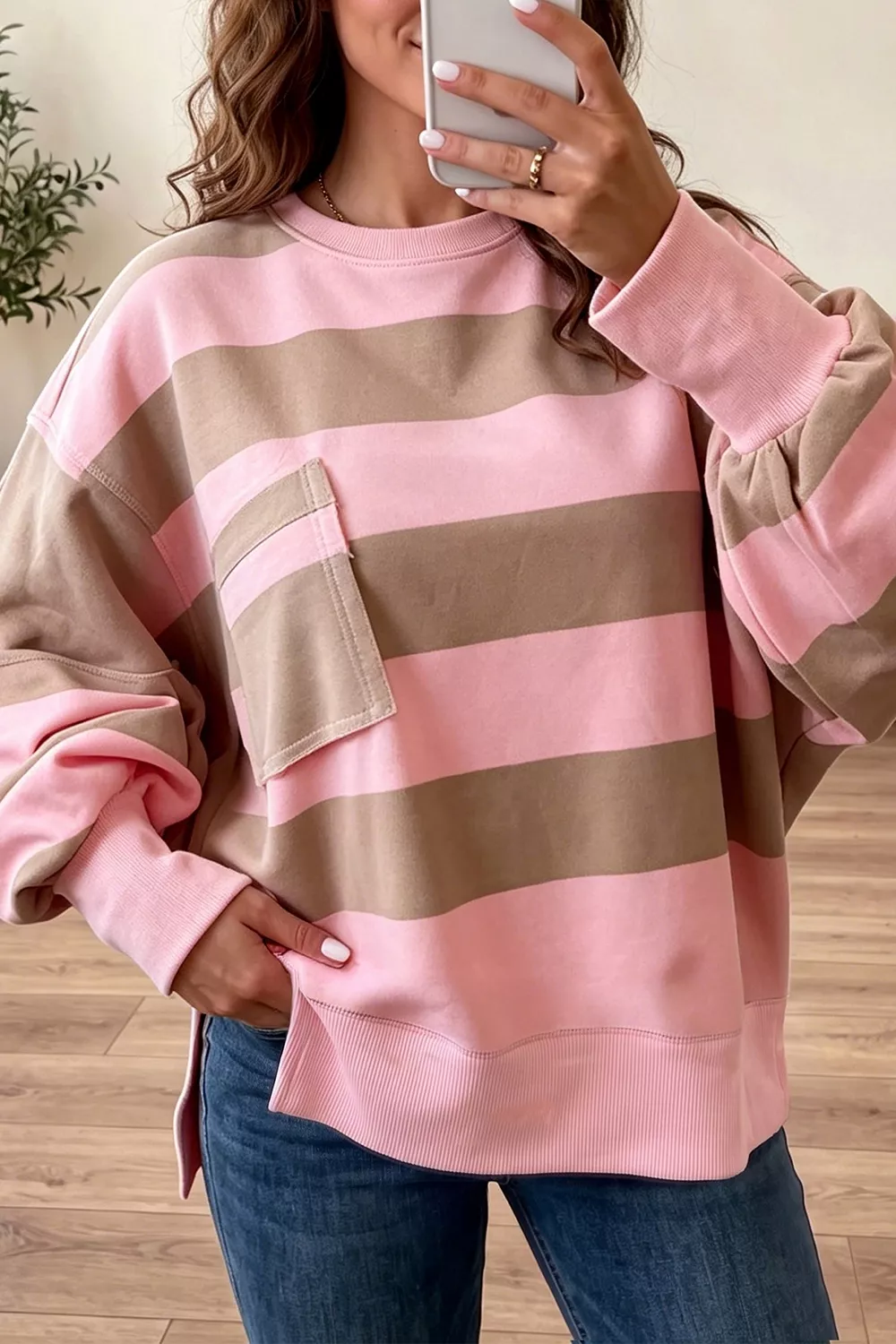 Striped Colorblock Patch Pocket Split Hem Oversized Long Sleeve Sweatshirt, image 2