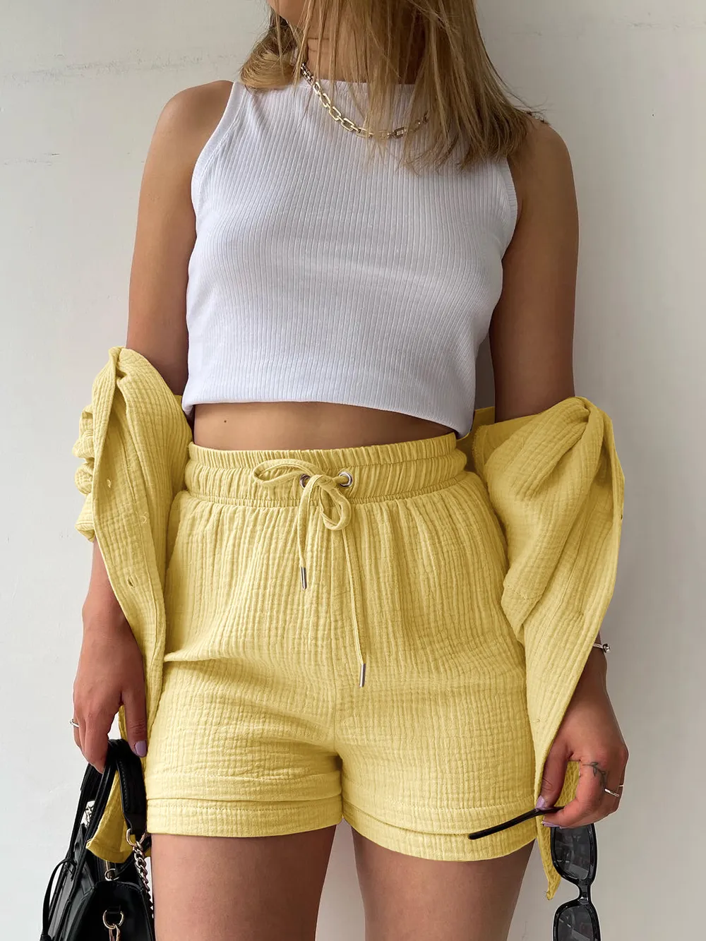 Texture Button Up Shirt and Drawstring Shorts Set, image 7