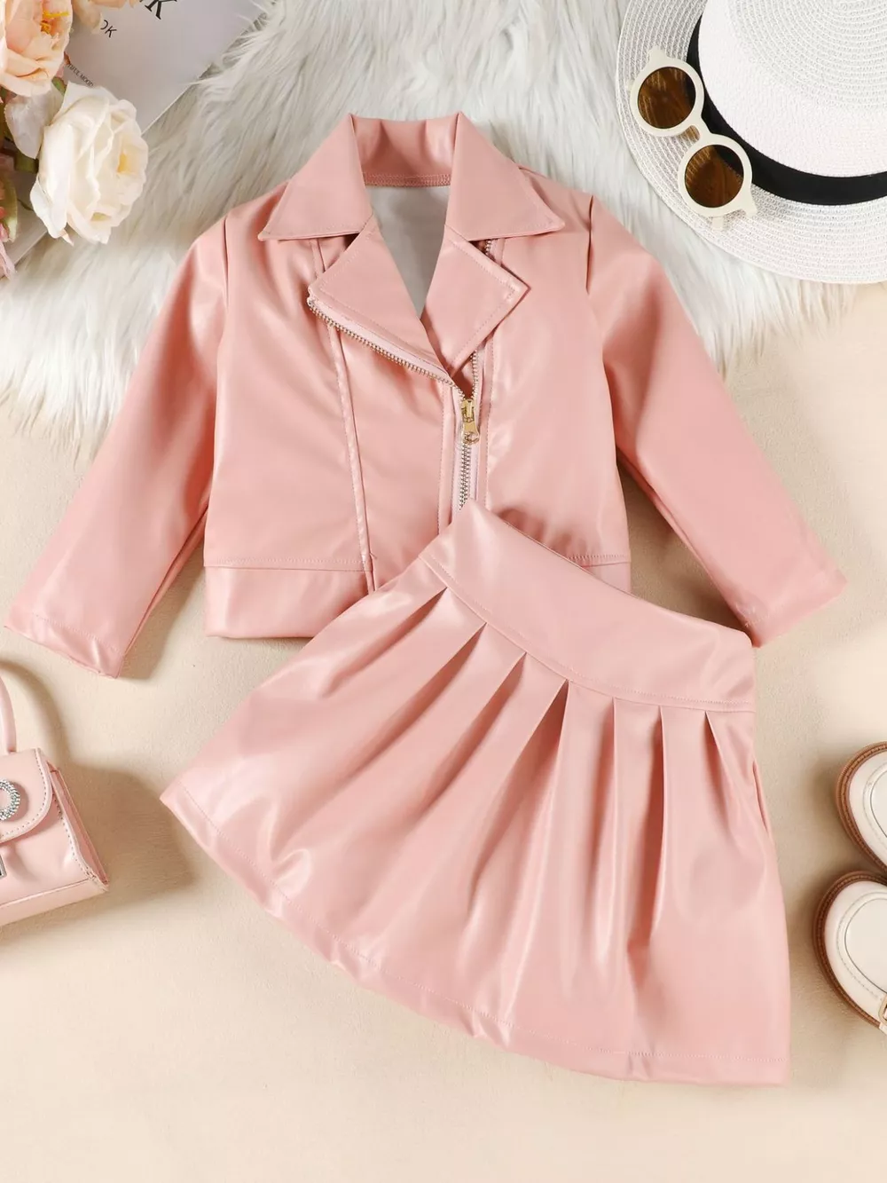 Children's Faux Leather Jacket & Pleated Skirt Set, image 3