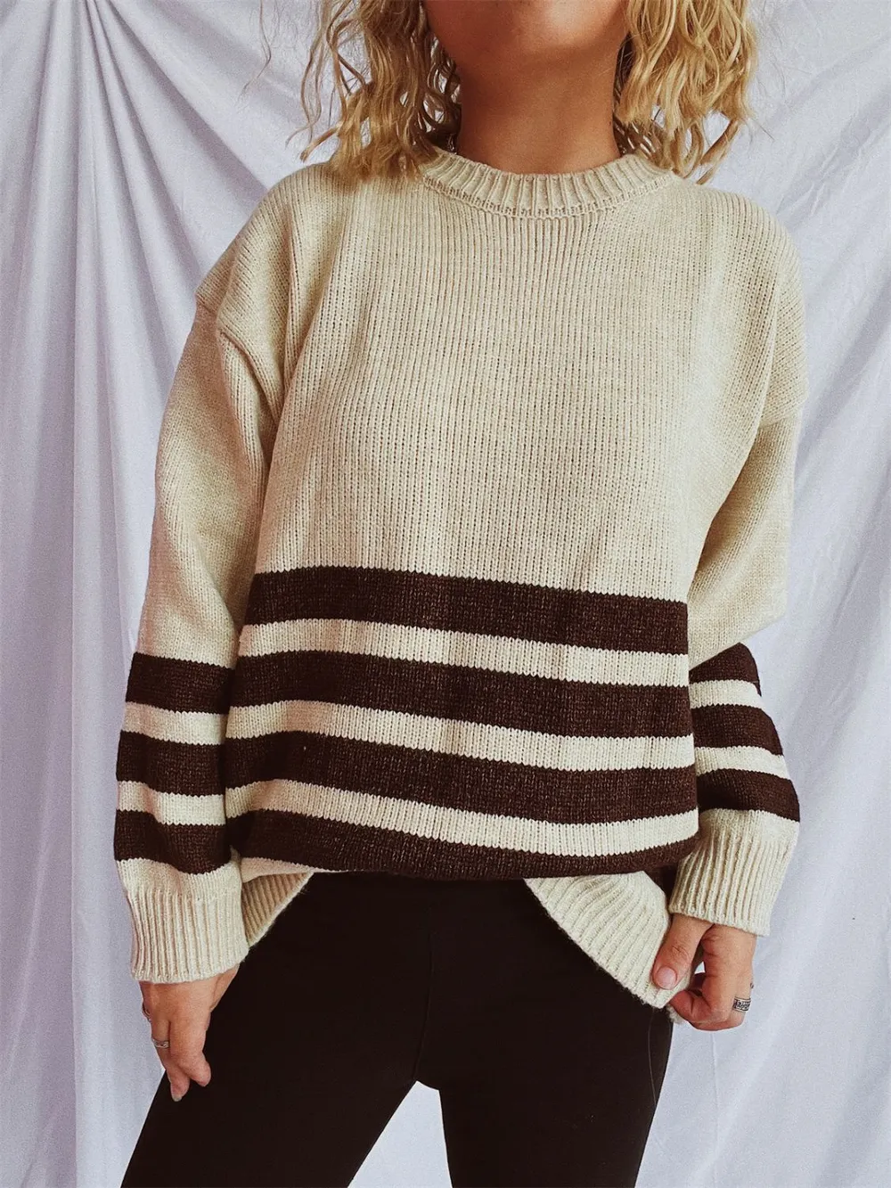 Striped Dropped Shoulder Long Sleeve Sweater, image 9