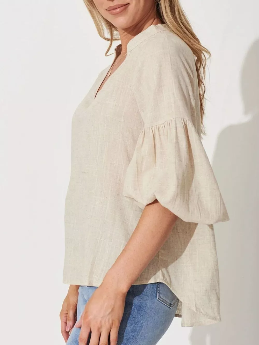 Notched Balloon Sleeve Blouse, image 3