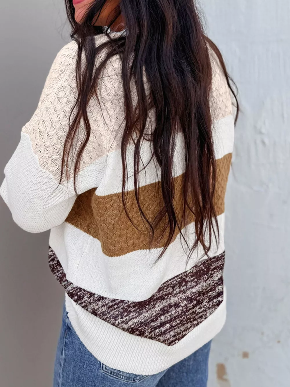 Mixed Texture Knit Striped Color Block Loose Sweater, image 2
