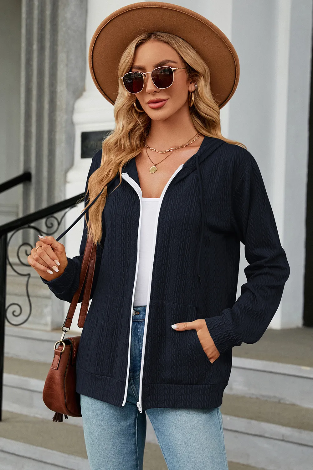 Drawstring Zip Up Long Sleeve Hoodie, image 5