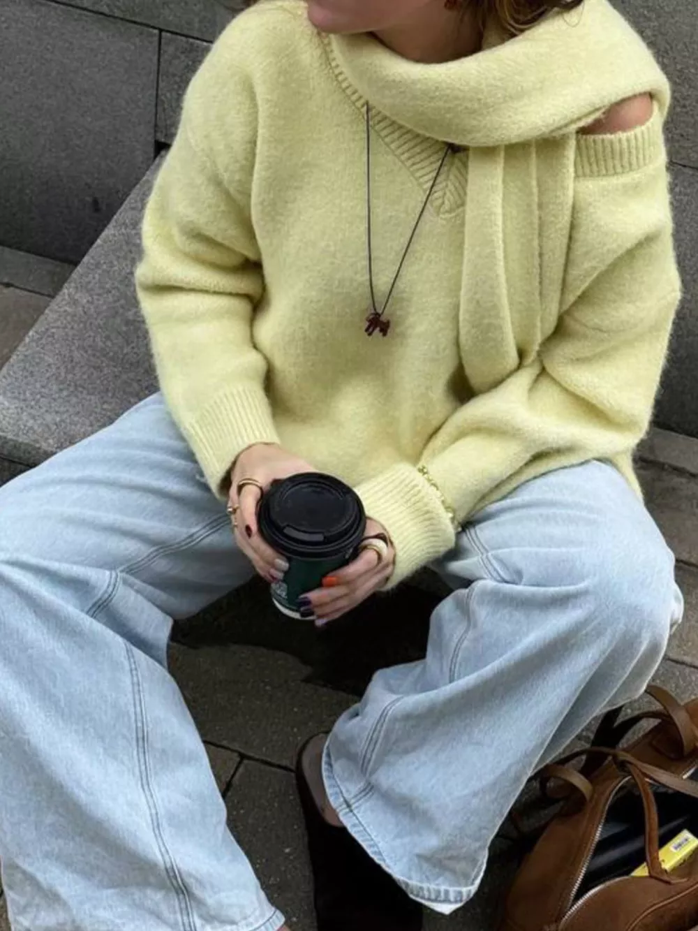 Oversized V-Neck Dropped Shoulder Sweater with Scarf, image 15