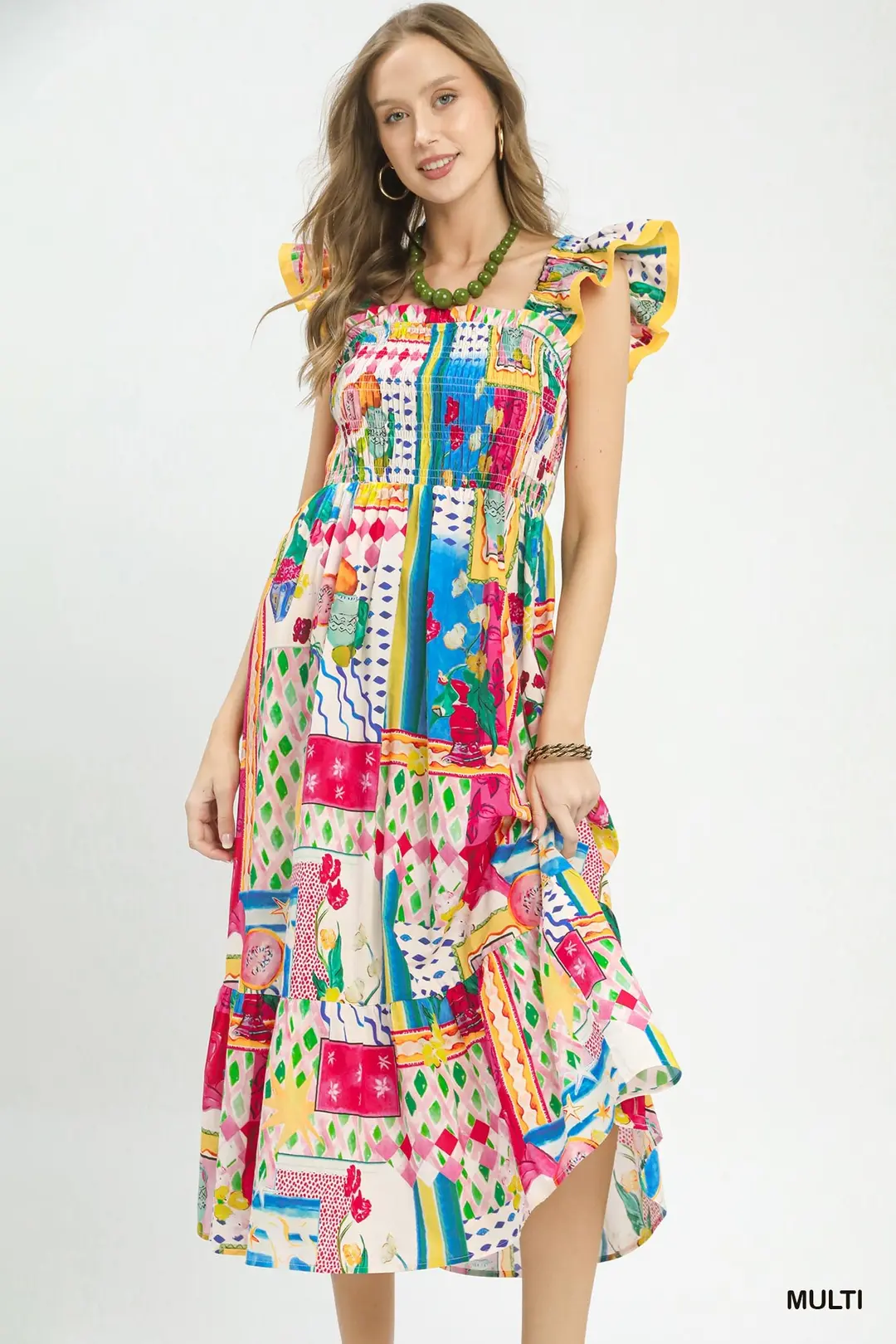 Abstract Print Smocked Ruffle Sleeve Tiered Midi Dress
