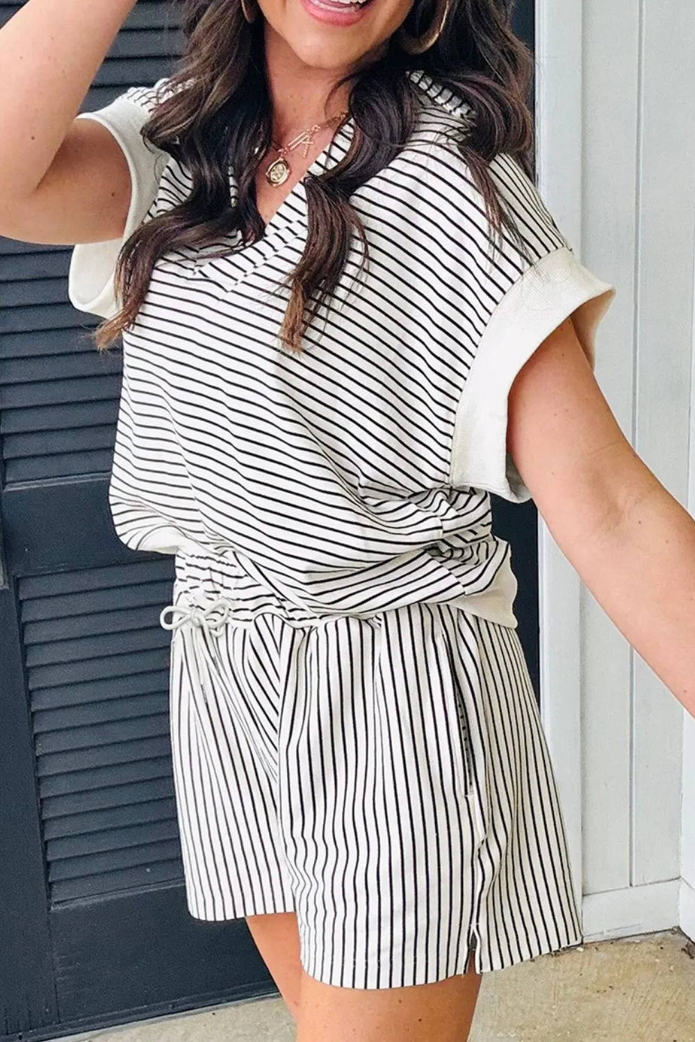 Stripe V Neck Tee and Casual Shorts Set, image 2