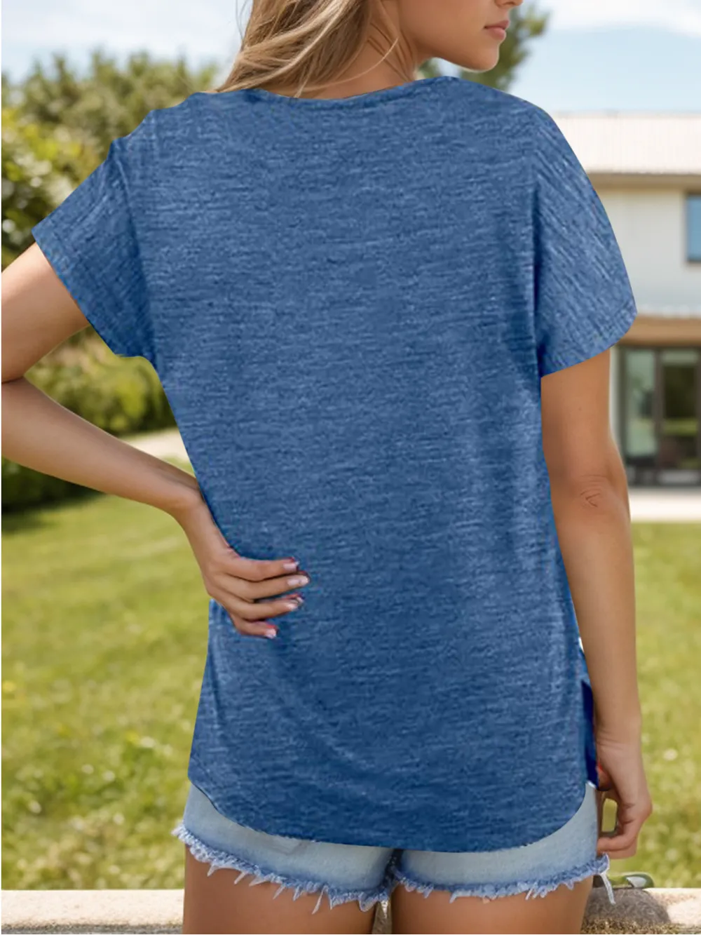 Pocketed Heathered V-Neck Short Sleeve T-Shirt, image 3