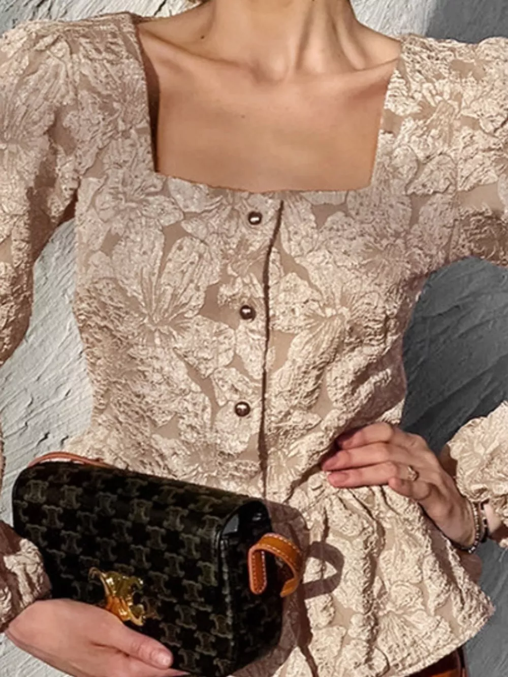 Textured Square Neck Balloon Sleeve Shirt, image 4