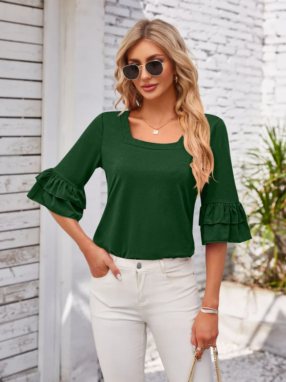 Ruffled Suqare Neck Half Sleeve Blouse, image 3