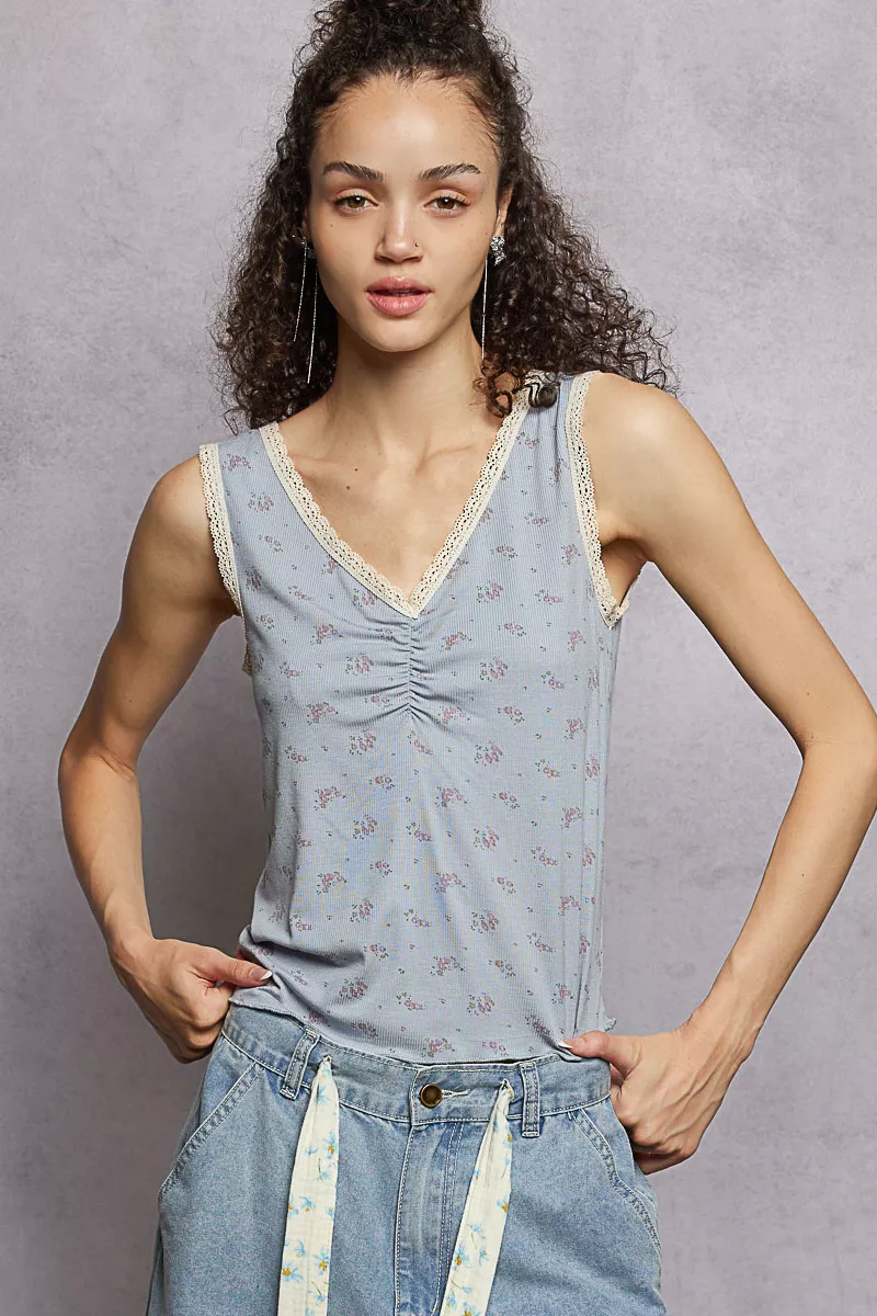 Ruched Floral V-Neck Tank with Lace Detail