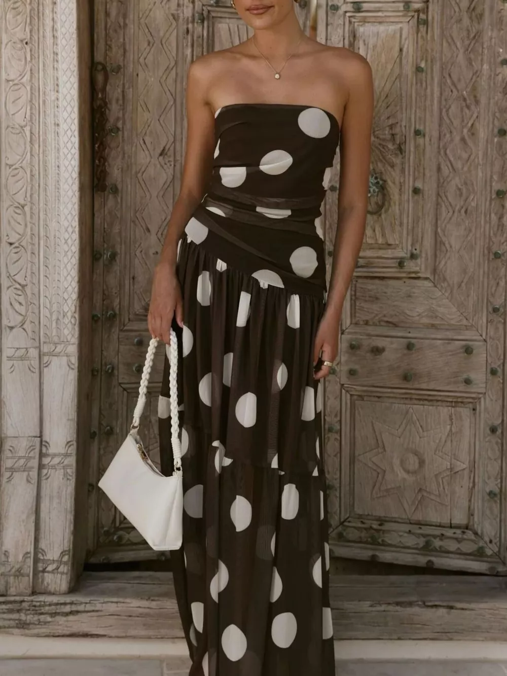 Polka Dot Strapless Ruched Maxi Dress, image 3