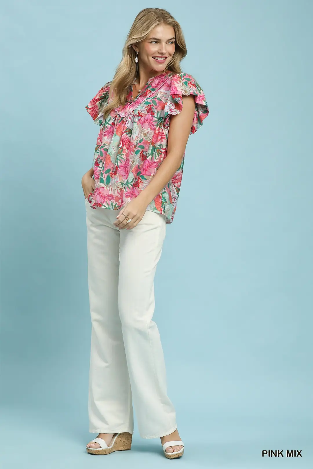 Mix Tropical Print Blouse with Ruffle Cap Sleeves, image 5