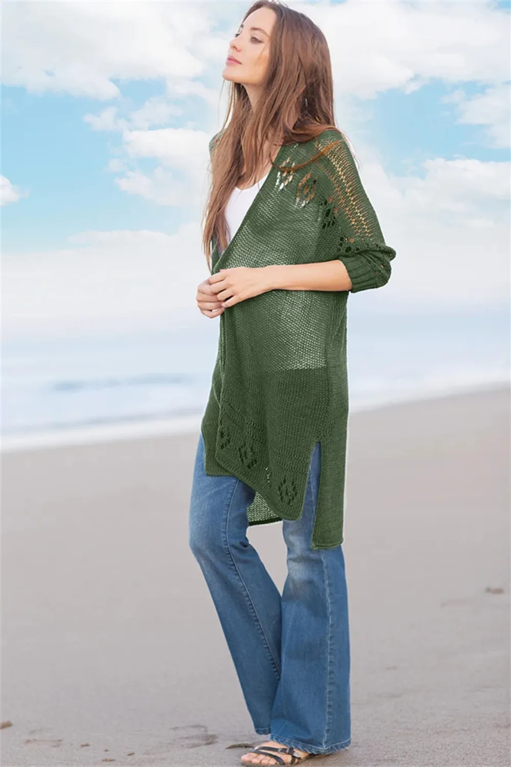 Openwork Side Slit Open Front Long Sleeve Cardigan, image 13