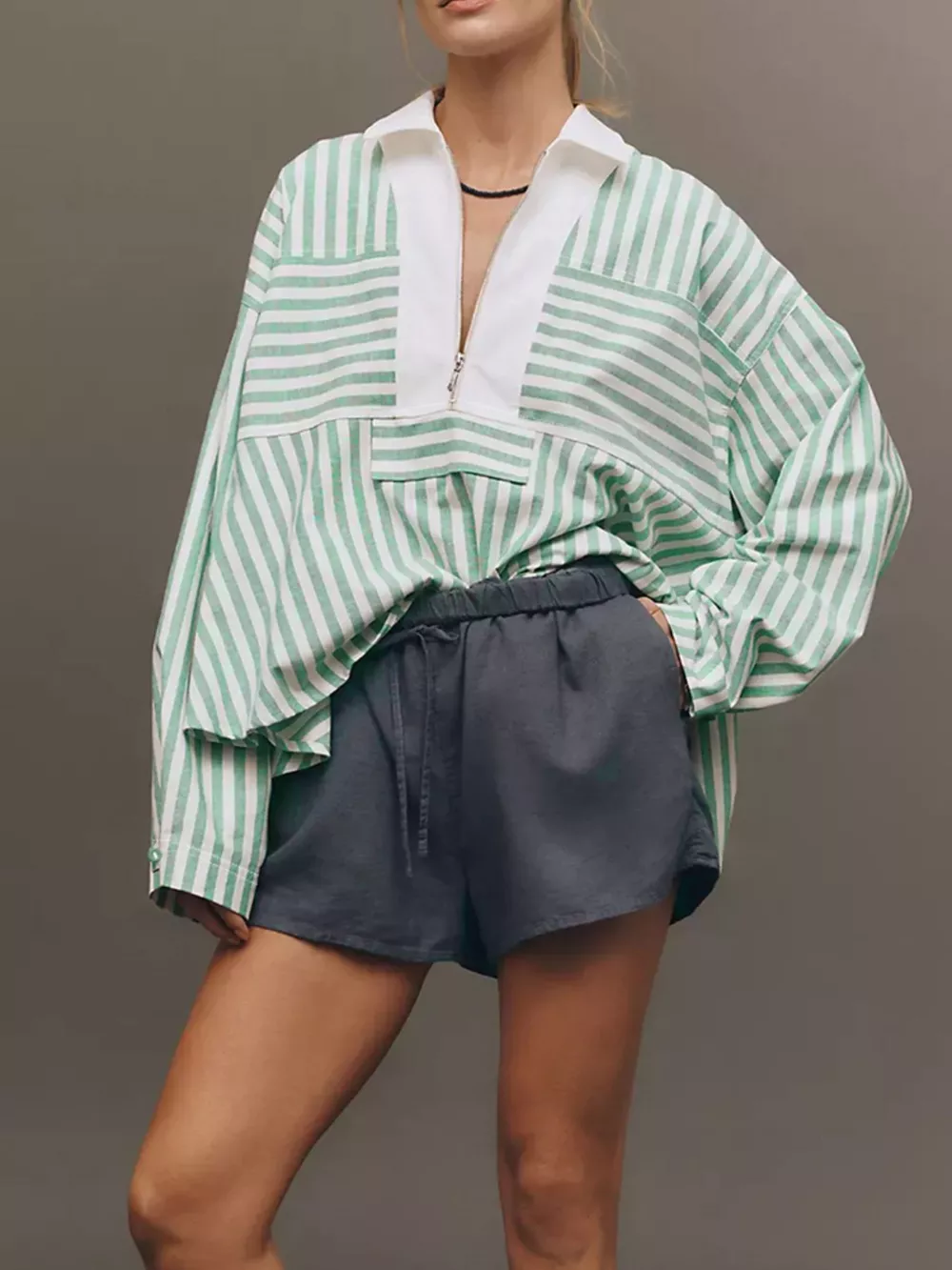 Stripe Half Zip Long Sleeve Swing Top, image 3