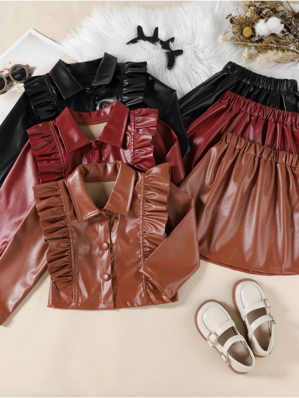 Children's Ruffled Faux Leather Top and Skirt Set, image 2
