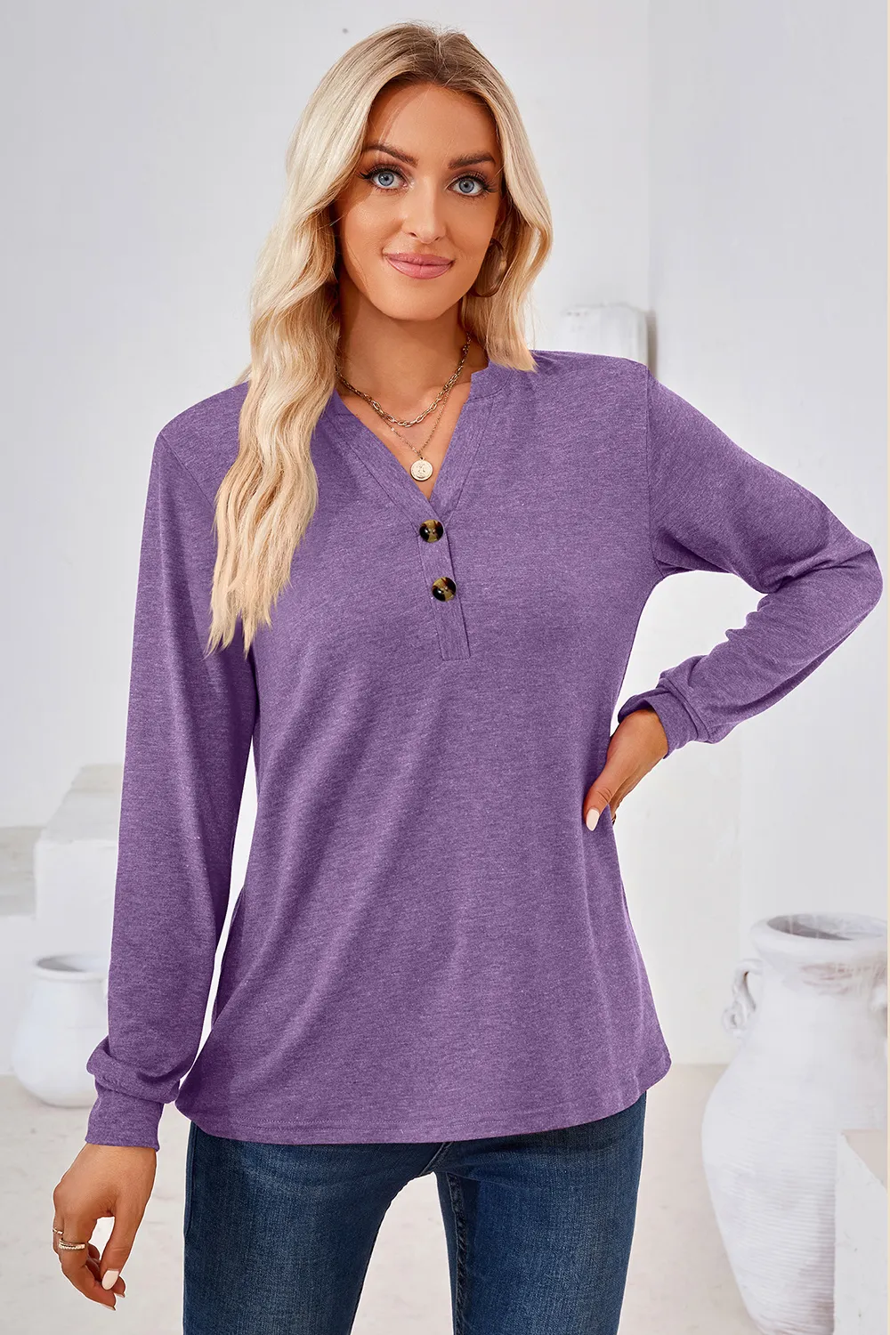 Notched Button Detail Long Sleeve T-Shirt, image 25