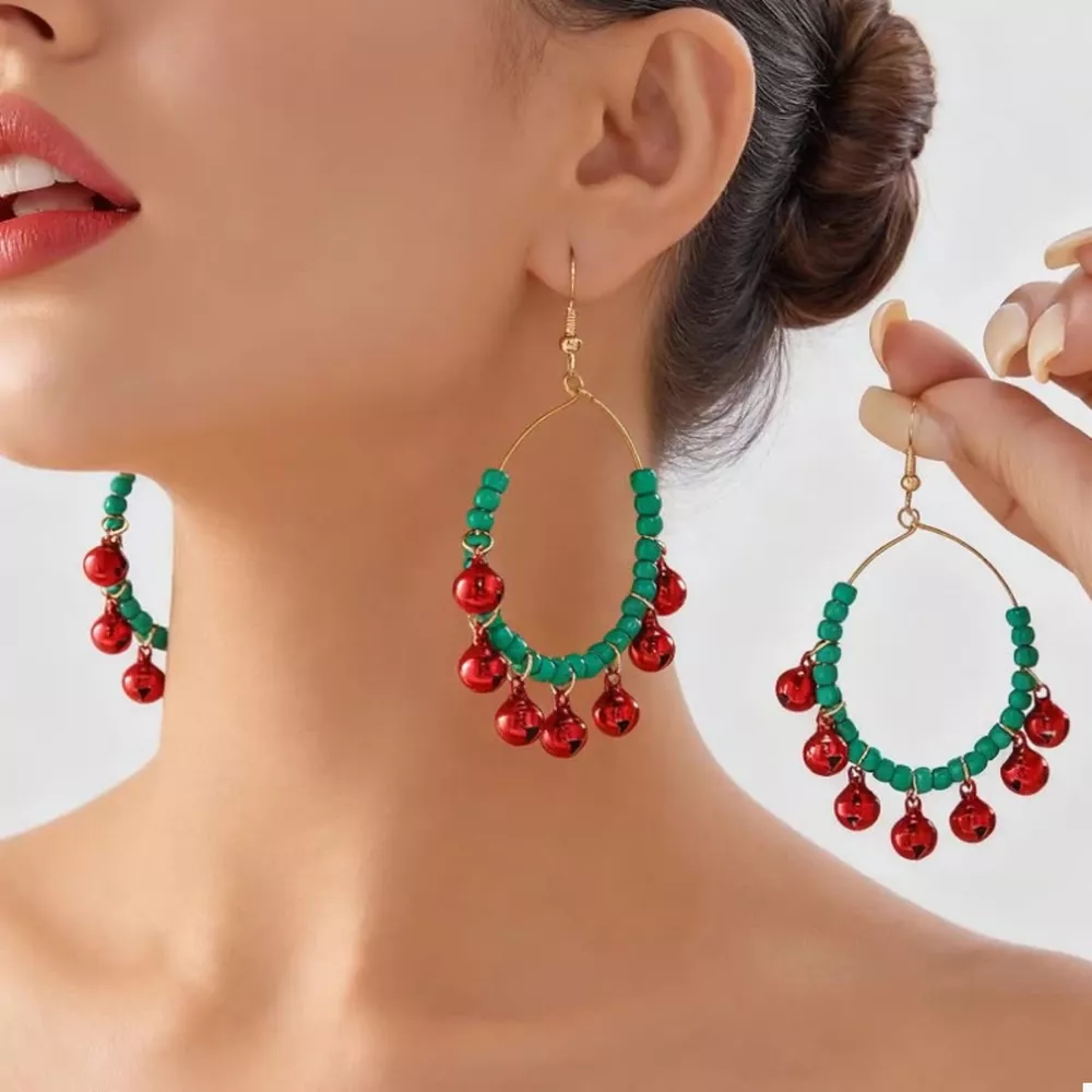 Christmas Beaded Hoop Earrings with Jingle Bells, image 2