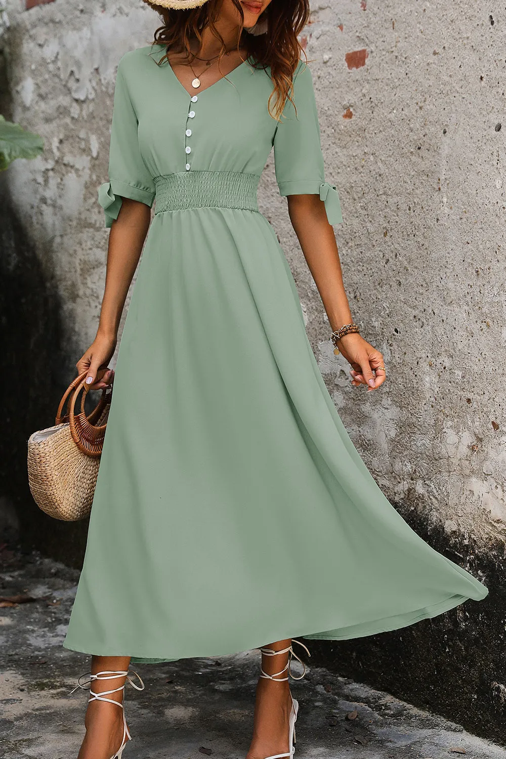 Smocked Quarter Button Short Sleeve Dress, image 2