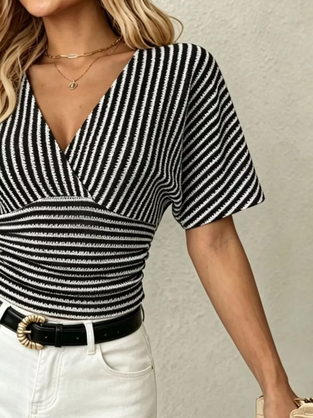Striped Surplice Short Sleeve Top, image 10
