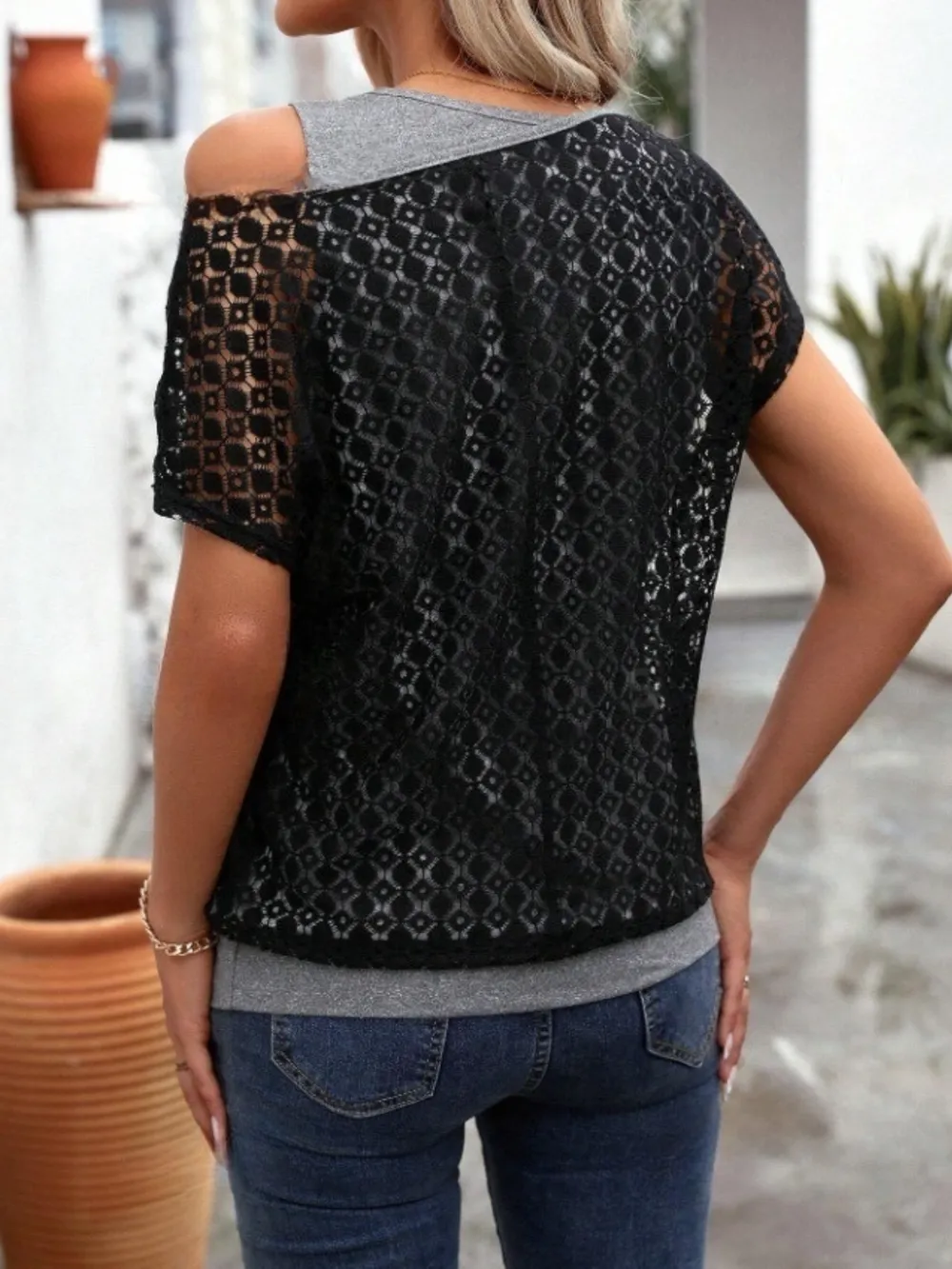 Lace Short Sleeve Fake Two Piece T-Shirt, image 7