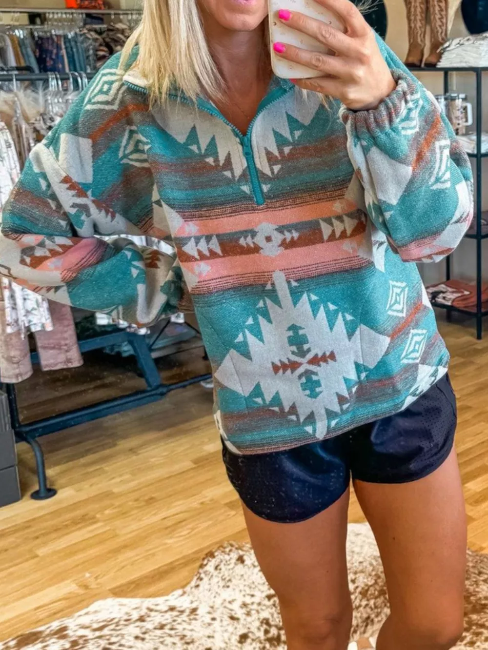 Quarter Zip Elastic Cuffs Aztec Sweatshirt, image 2