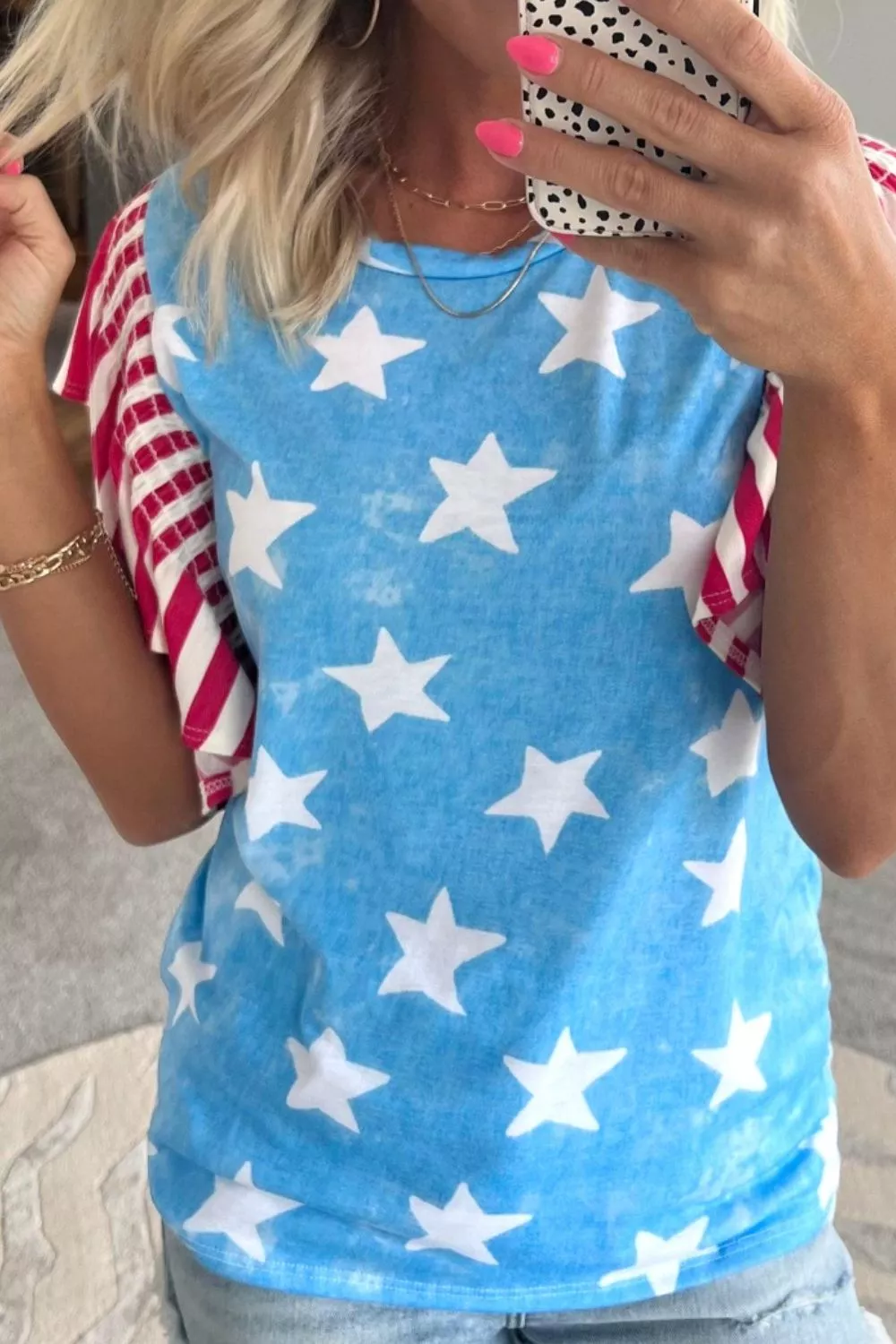 Vintage Star Print Striped Ruffle Sleeve Independence Day Top, image 3