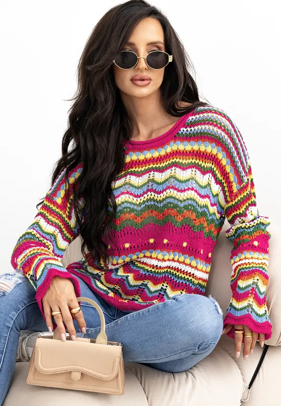 Openwork Contrast Round Neck Flare Sleeve Knit Top, image 8