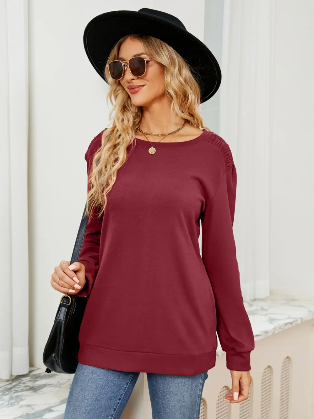 Ruched Shoulder Round Neck Long Sleeve Sweatshirt, image 3