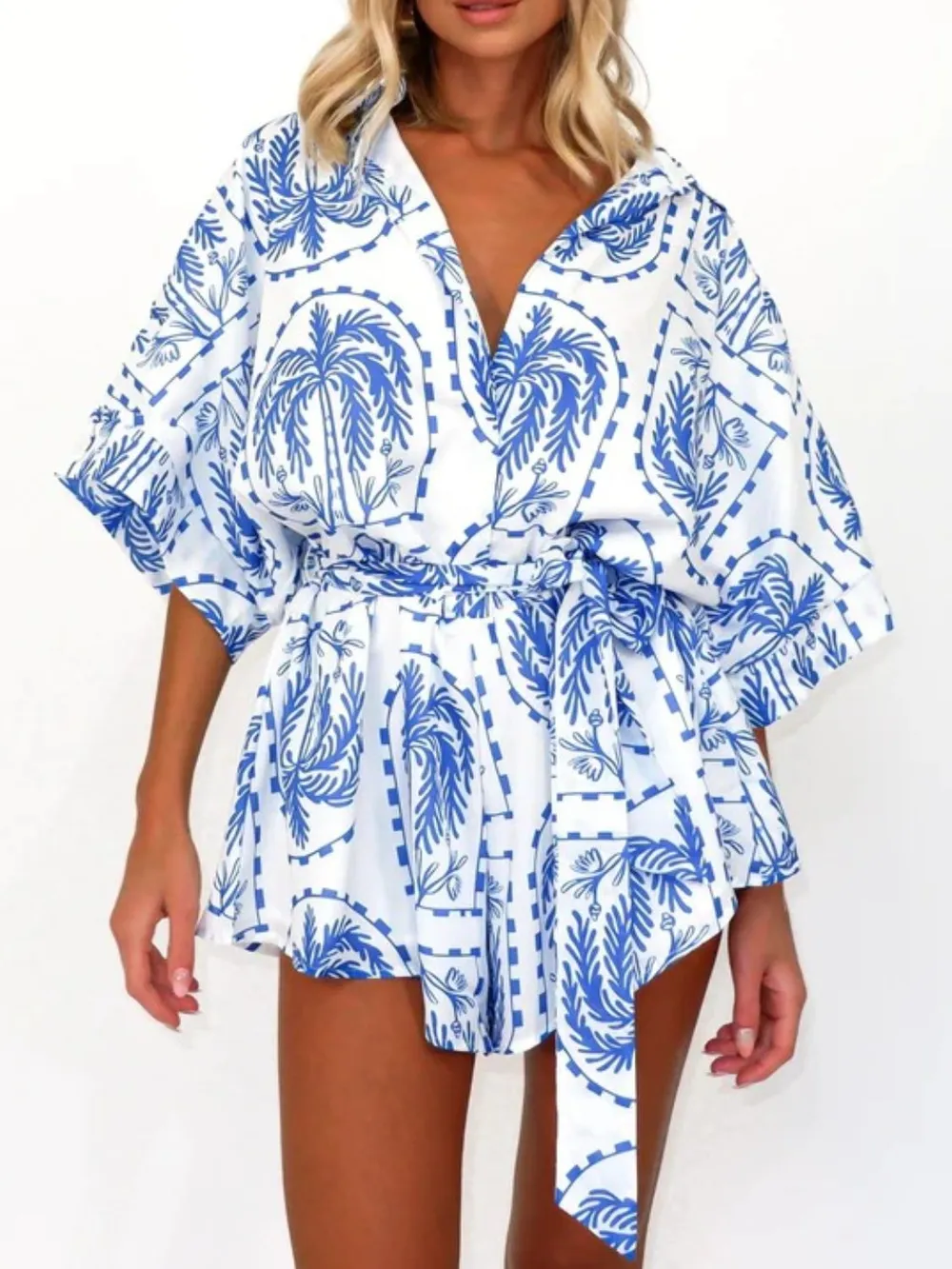 Printed Tie Waist Half Sleeve Romper, image 3