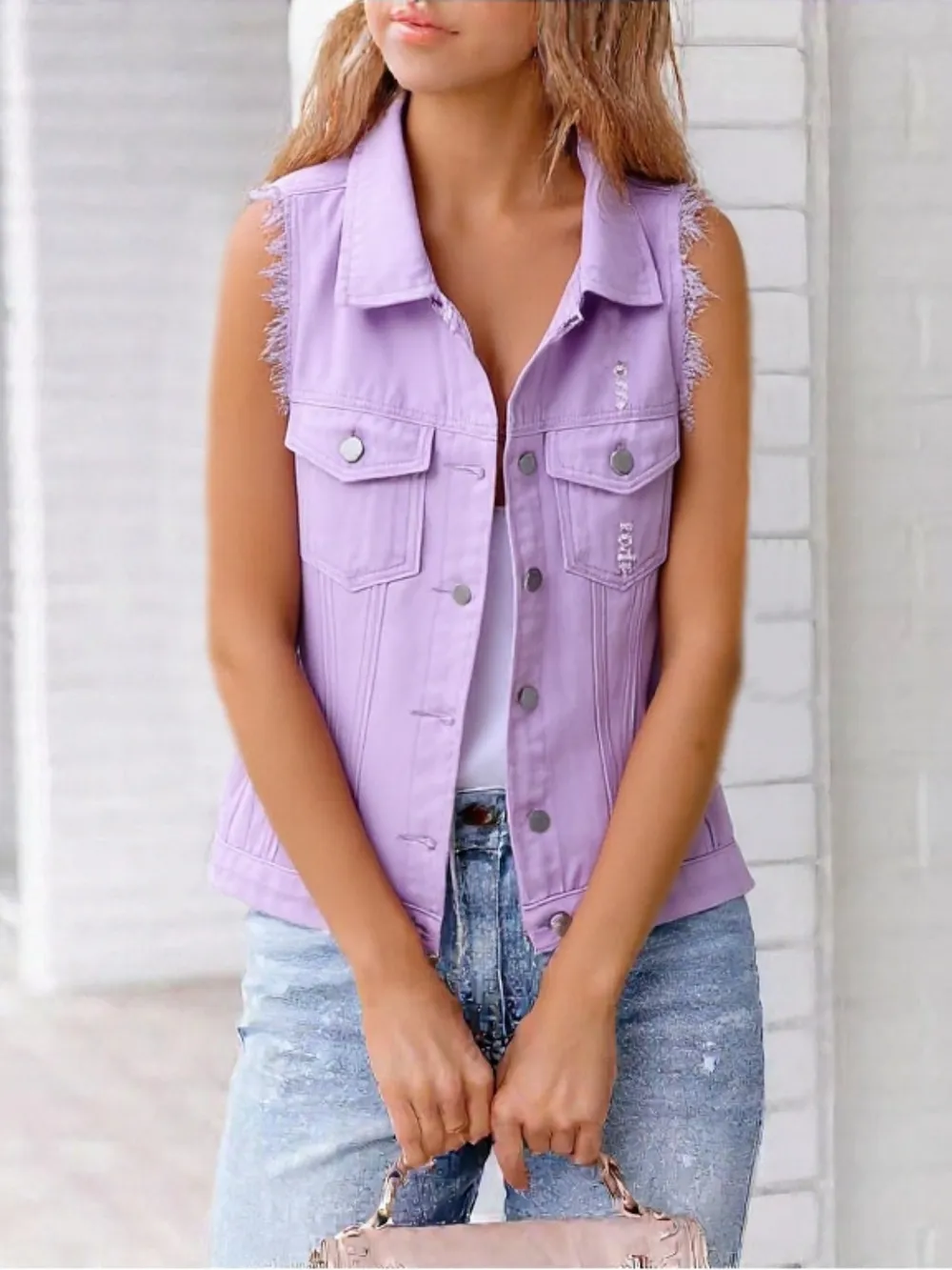 Full Size Sleeveless Frayed Denim Vest Jacket Plus Size, image 2