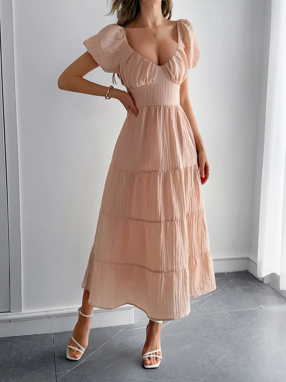 Backless Tiered Puff Sleeve Midi Dress, image 4