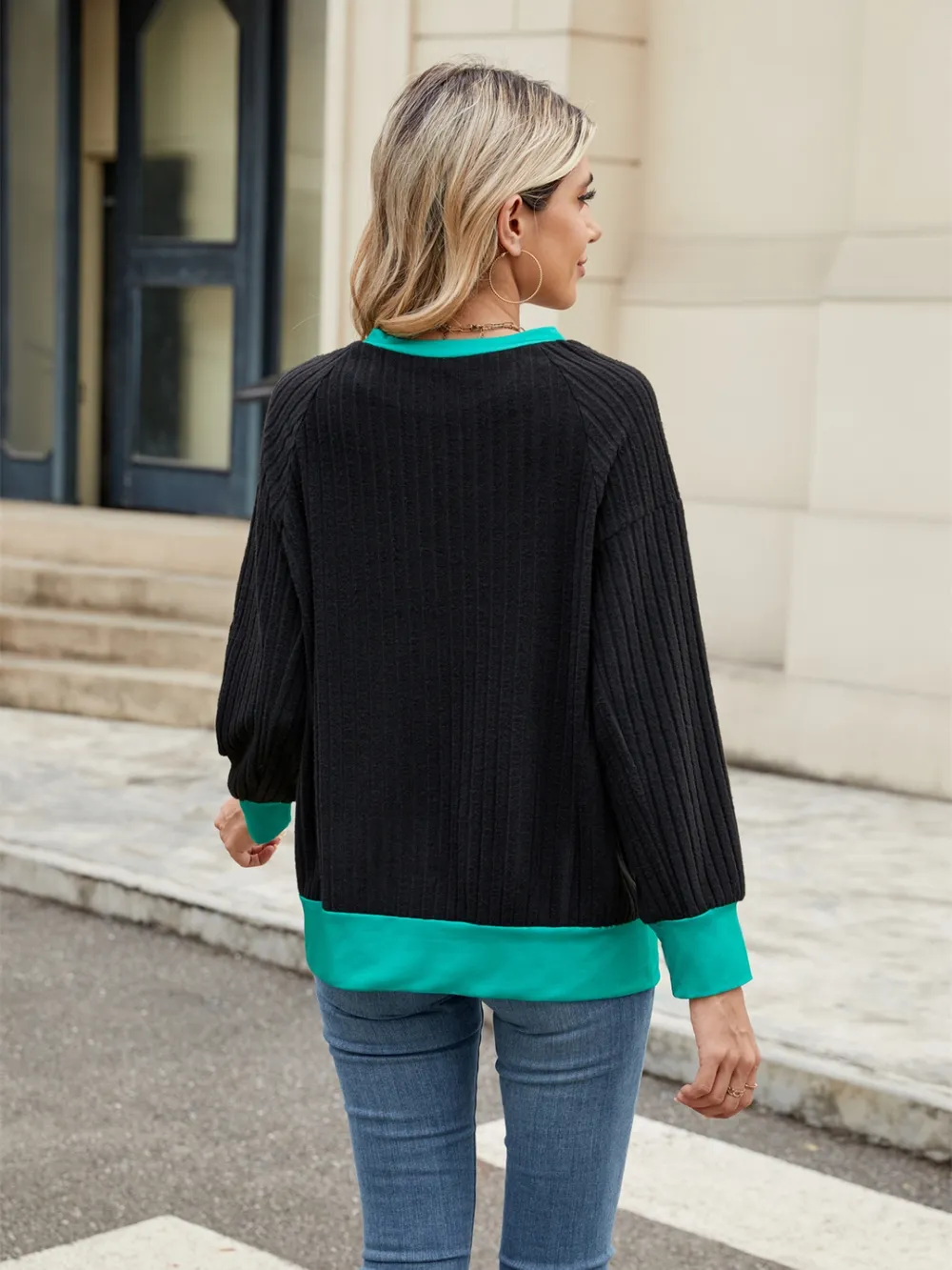 Contrast Trim Round Neck Long Sleeve T-Shirt, image 16