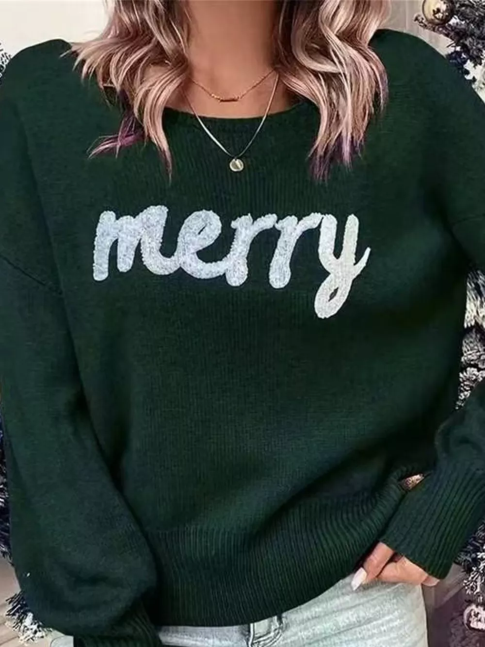Merry Round Neck Dropped Shoulder Christmas Sweater, image 11