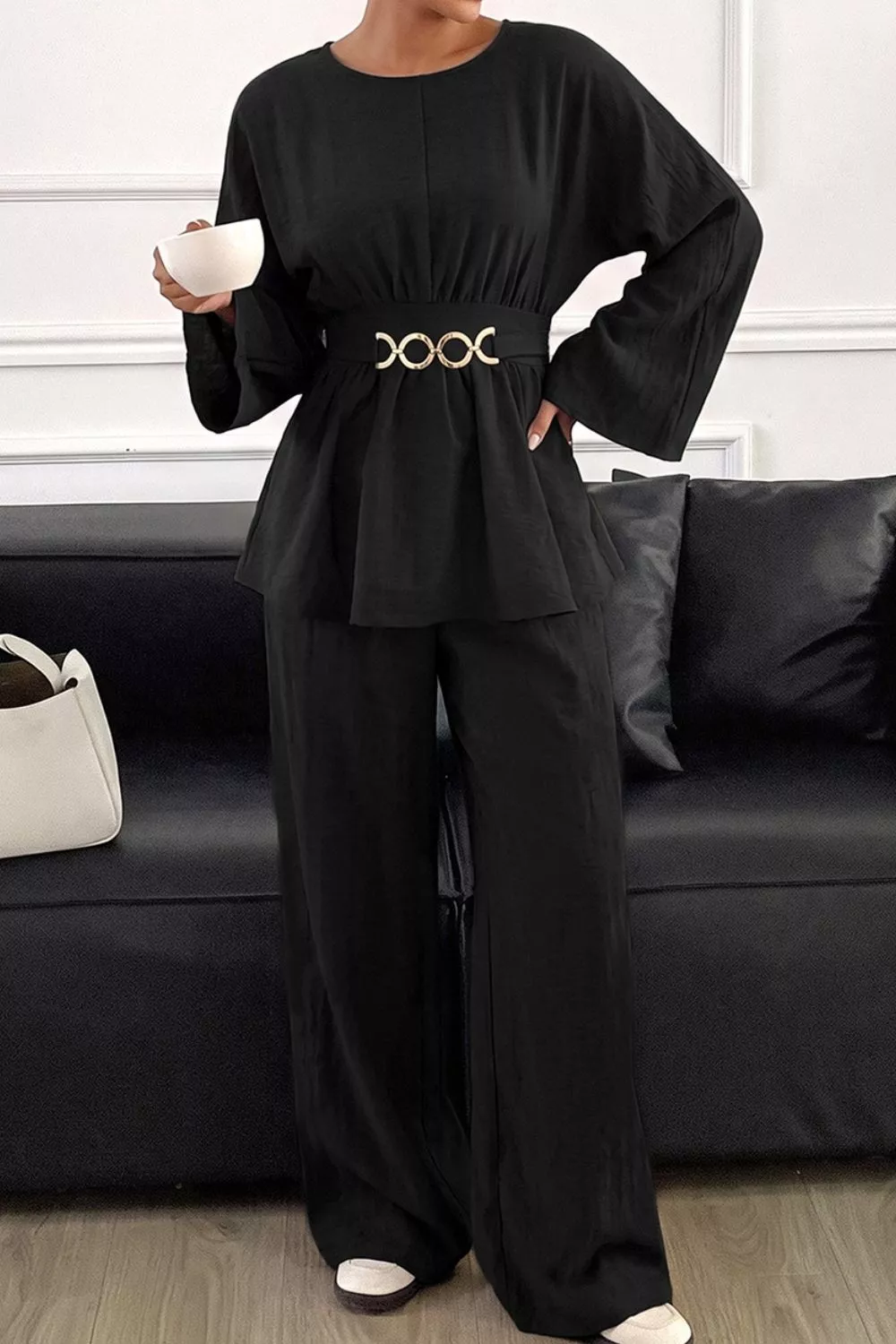 Metal Chain Waist Detail Top and Pants Set, image 12