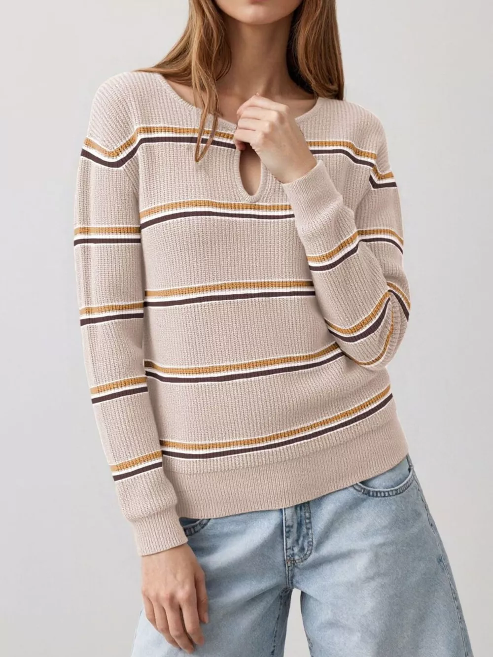 Striped Ribbed Knit Top with Keyhole Neckline, image 6