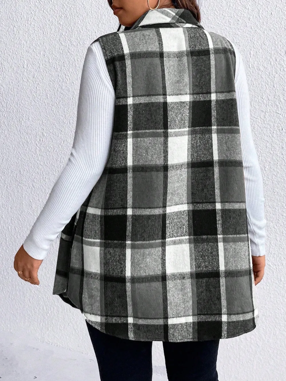 Plus Size Pocketed Plaid Button Up Vest Coat, image 4