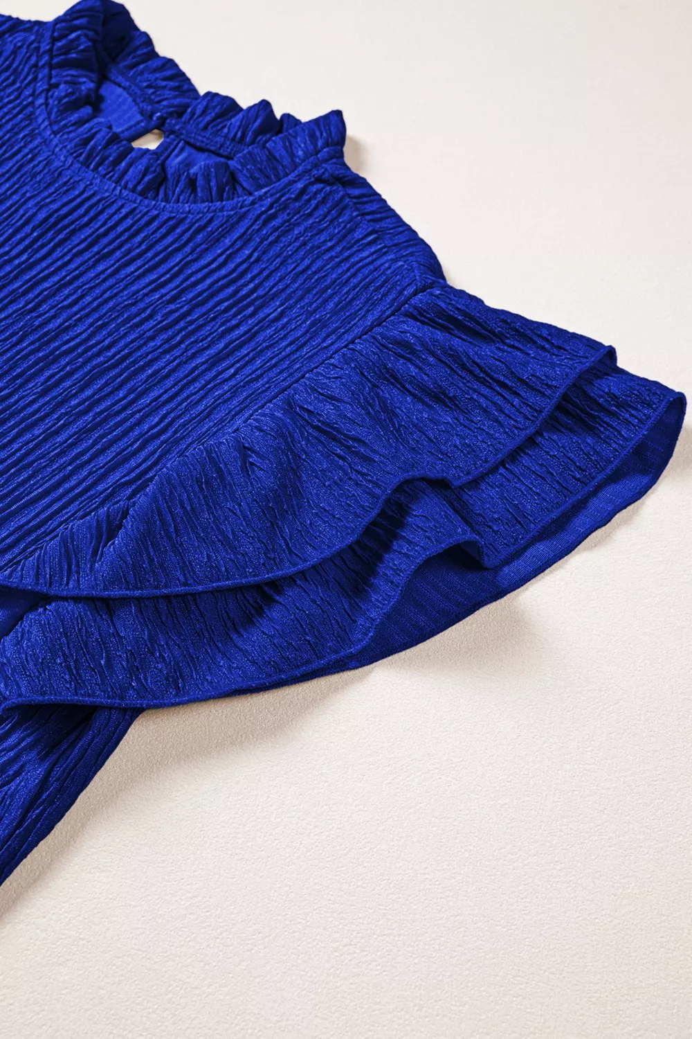 Solid Color Textured Ruffle Trim Short Sleeve Blouse, image 6