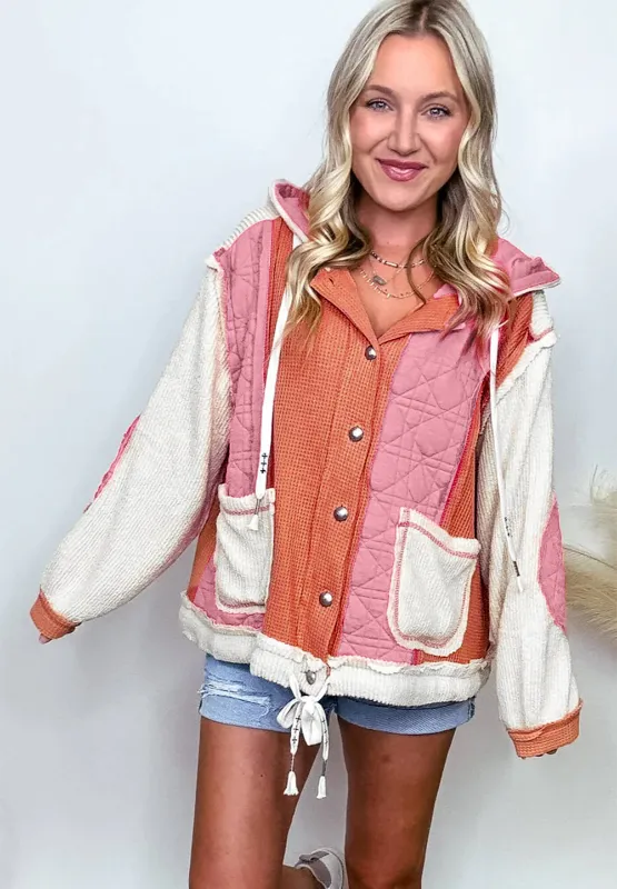 Drawstring Texture Button Up Long Sleeve Hooded Jacket, image 3