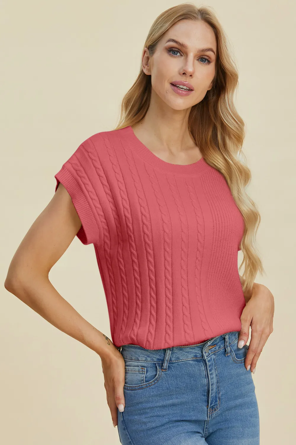 Full Size Cable-Knit Round Neck Short Sleeve Sweater, image 5