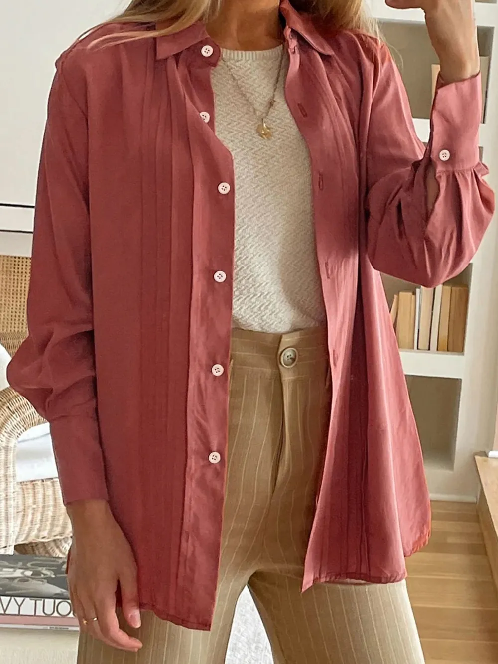 Ruched Collared Neck Long Sleeve Shirt, image 2
