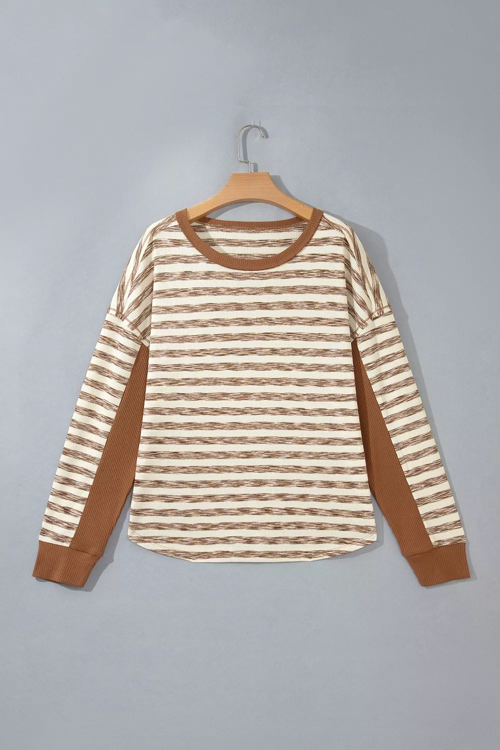 Stripe Textured Knit Color Block Trim Long Sleeve Round Neck Top, image 4