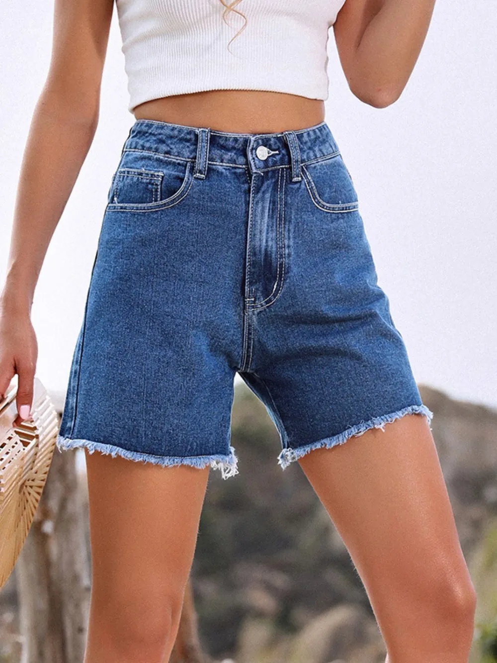 Raw Hem High Waist Denim Shorts, image 7