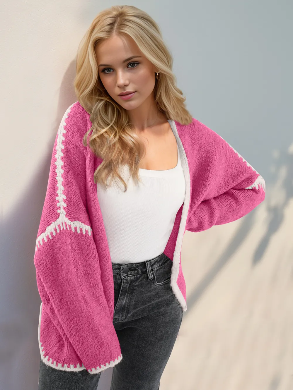 Contrast Open Front Dropped Shoulder Cardigan, image 8