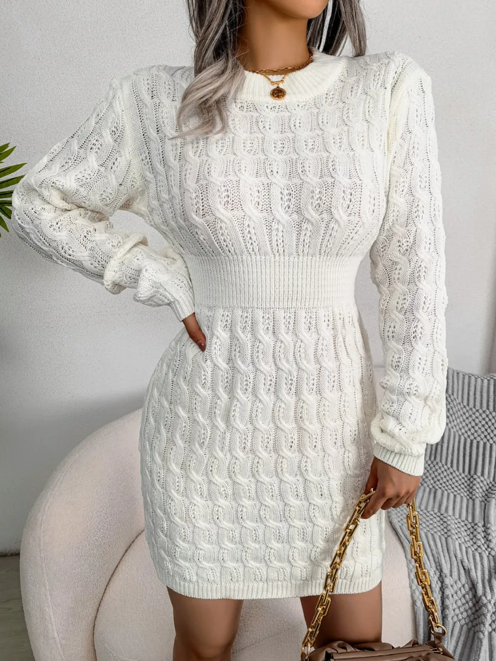 Cable-Knit Round Neck Mini Wrap Sweater Dress, image 8