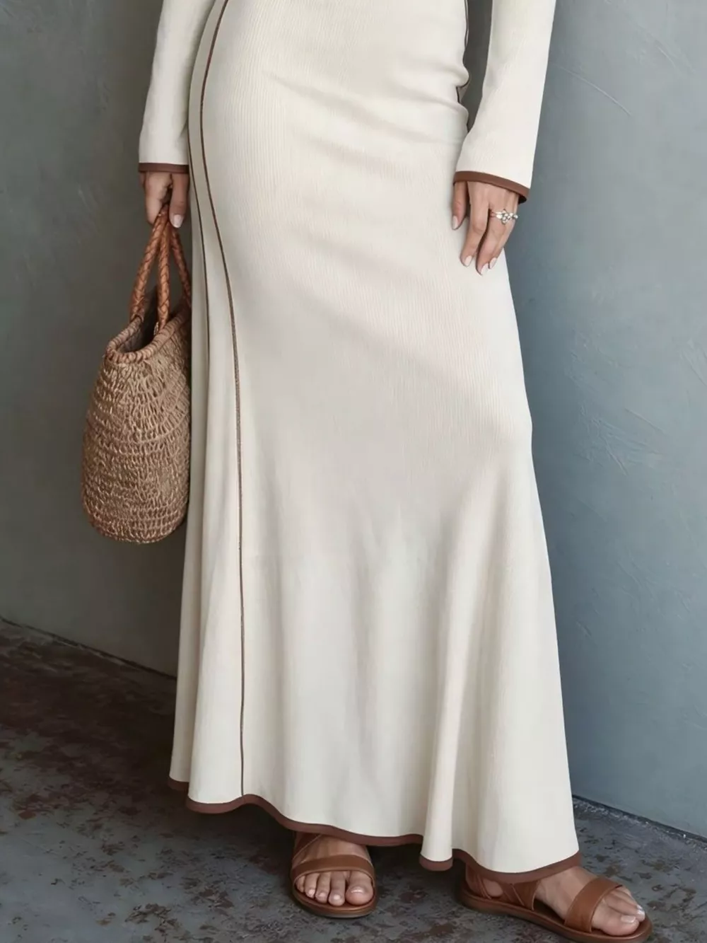 Full Size Contrast Trim Zip-Up Long Sleeve Knit Maxi Dress Plus Size, image 12